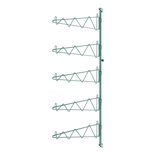 A green metal rack with wire shelves and single brackets.