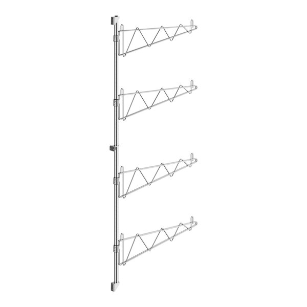 A metal structure with metal rods forming a triangle shape with four shelves on it.