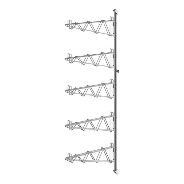A chrome Regency wall-mount shelf post with double brackets and multiple metal rods.