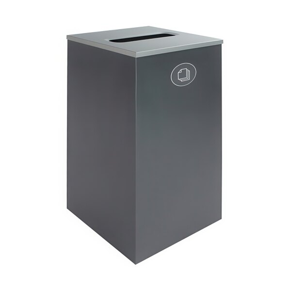 A gray rectangular Busch Systems decorative paper receptacle with a square lid.