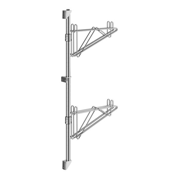 A Regency stainless steel wall-mount middle shelf post with double brackets and hooks.