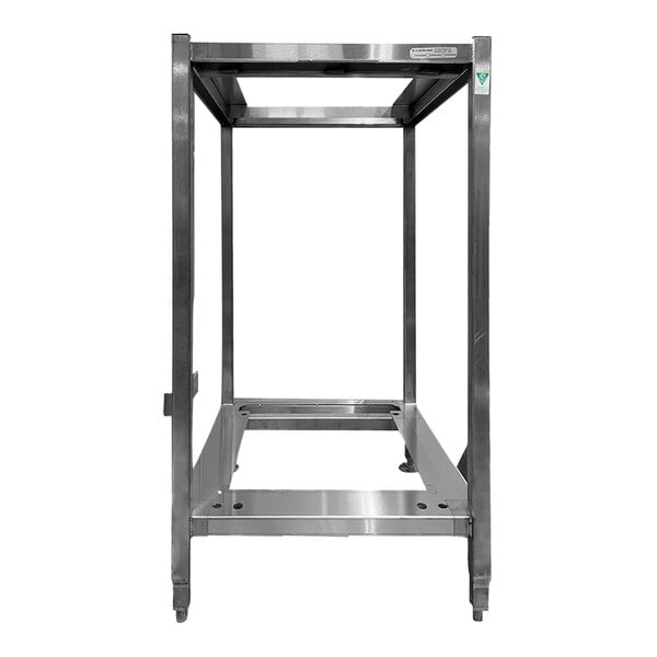 A stainless steel Cleveland Stacking Stand with a metal frame and wheels.