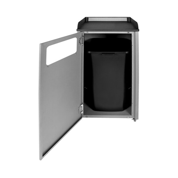 A black Busch Systems decorative steel trash can with a silver lid and handle.