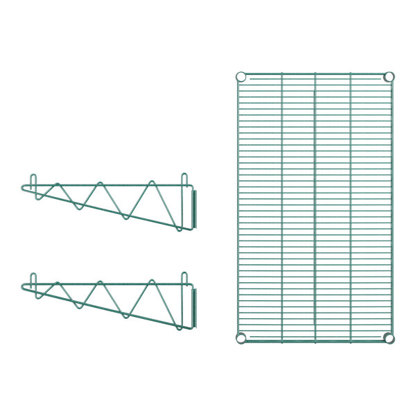 A green wire shelf with two brackets.