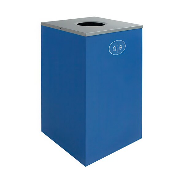 A blue rectangular Busch Systems decorative trash receptacle with a white circle on the top.