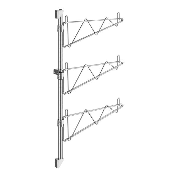 A Regency stainless steel wall-mount shelf post with three metal bars.