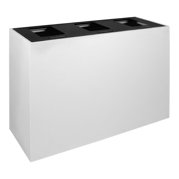 A white rectangular Busch Systems steel receptacle with three black compartments.