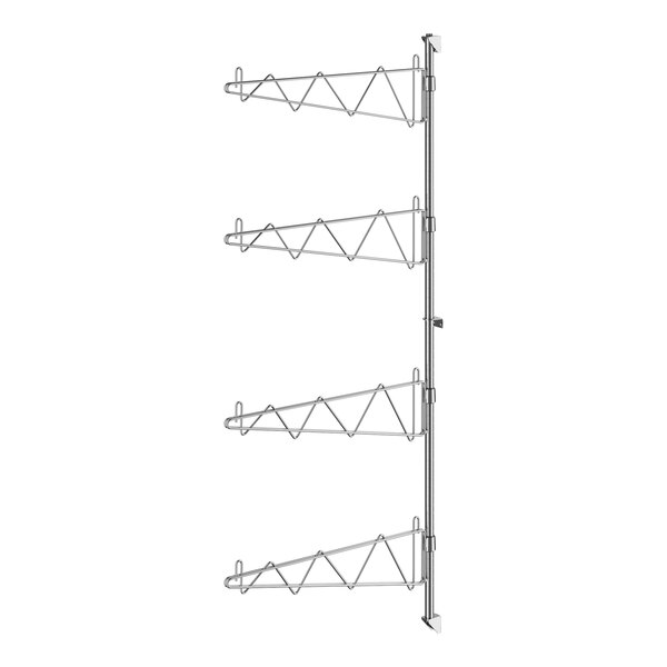 Regency chrome wall-mount shelf post with single brackets for 24" deep shelves with four levels.