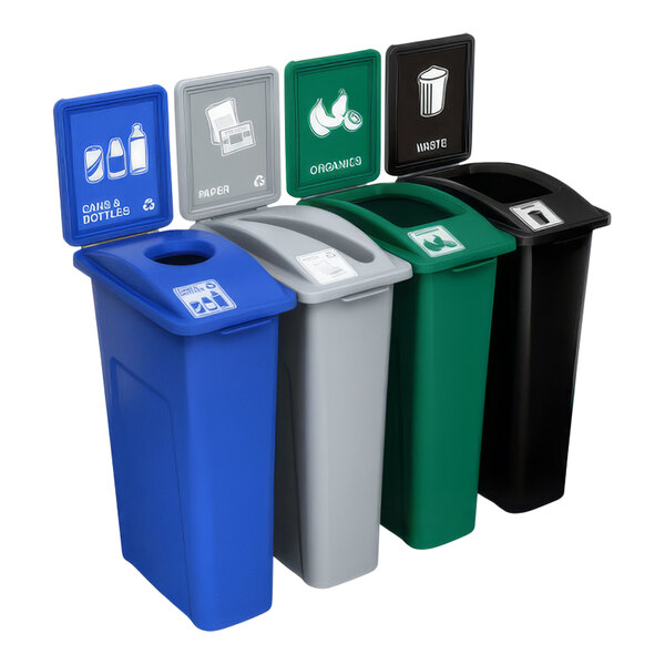A group of Busch Systems Waste Watcher trash cans in different colors with labels for cans and bottles, paper, organics, and waste.