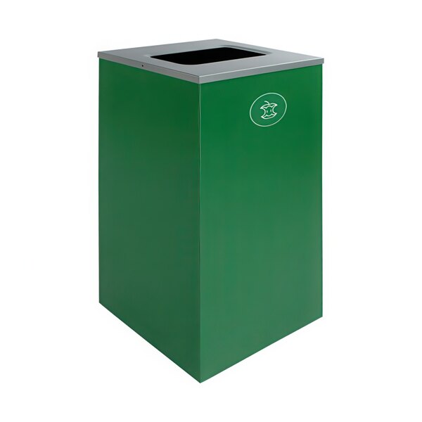 A green rectangular Busch Systems decorative organics receptacle with a white logo.