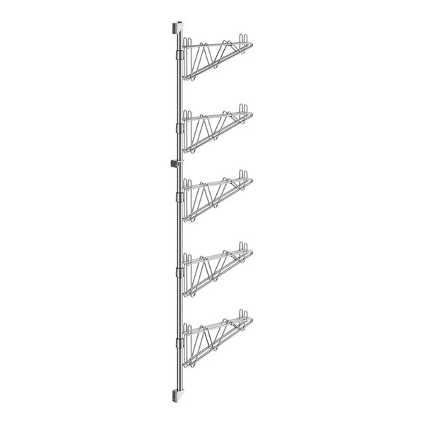 A metal structure with double brackets for four shelves.