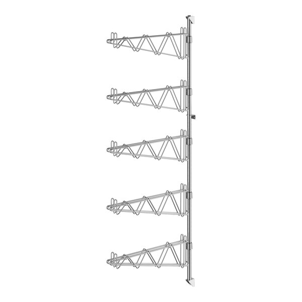 A Regency stainless steel wall-mount shelf post with double brackets and four shelves on it.