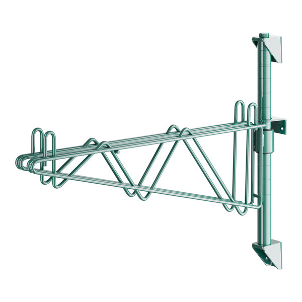 A green Regency wire shelving wall-mount post with double brackets.