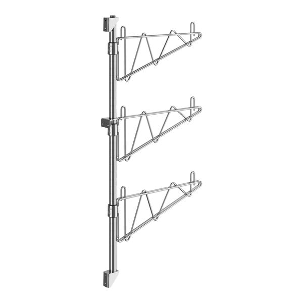A chrome Regency wall-mount shelf post with three brackets and shelves.