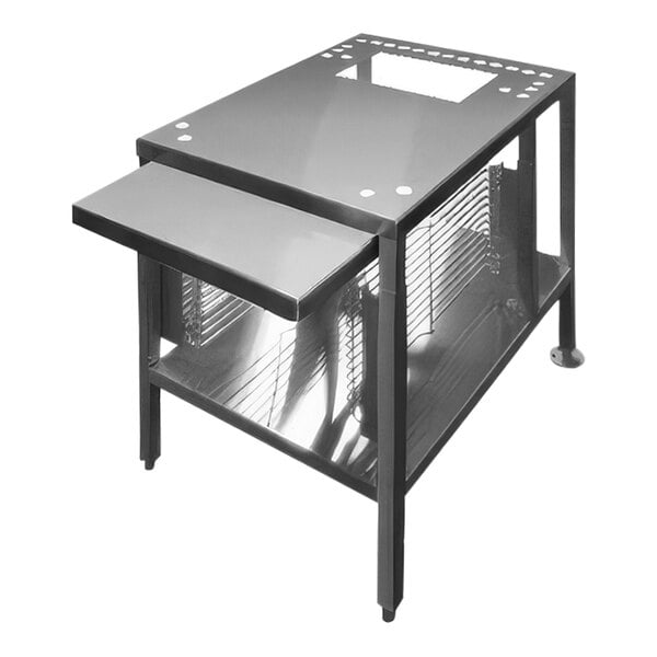 A stainless steel Cleveland equipment stand with a sliding drawer.