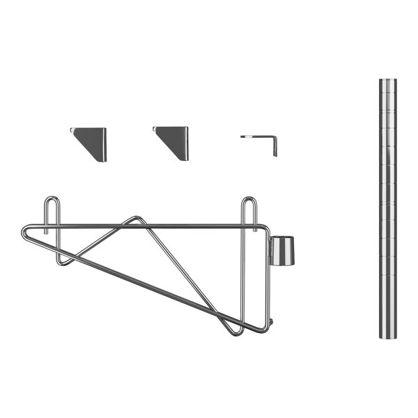 A chrome Regency wall-mount shelf post with a single bracket and two hooks.