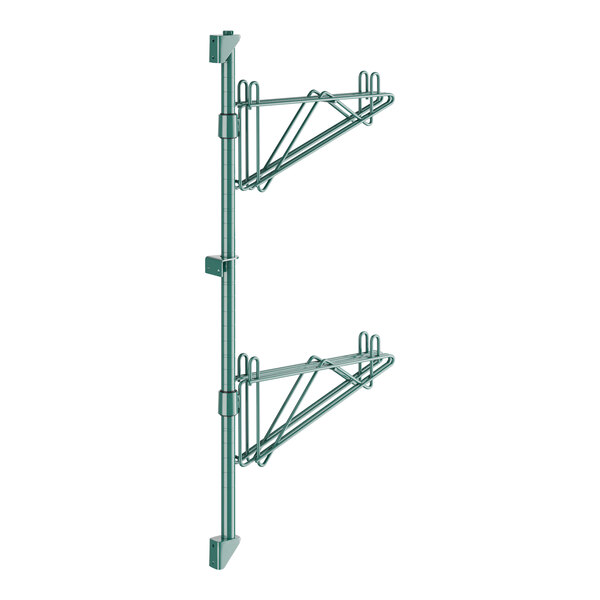 A green metal wall-mounted Regency shelf post with double brackets and two shelves.