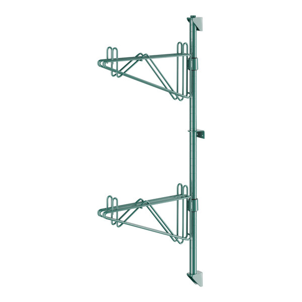 A green metal wall mounted shelf with double brackets and hooks.