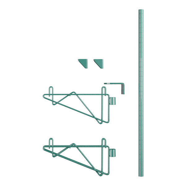 A green metal Regency wall-mount shelf post with double brackets and a metal rod.