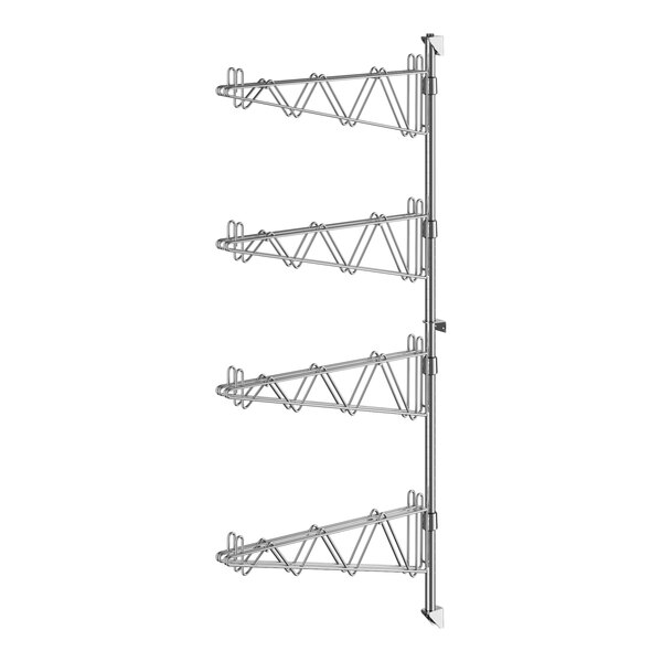 A chrome wire wall-mount post with four levels and double brackets.