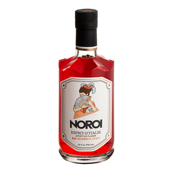 A bottle of NOROI Esprit-d'Italie Non-Alcoholic Aperitivo on a table in a cocktail bar.
