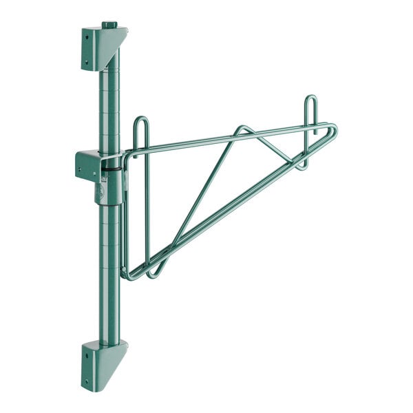 A green metal Regency wall-mount shelf post with two hooks.