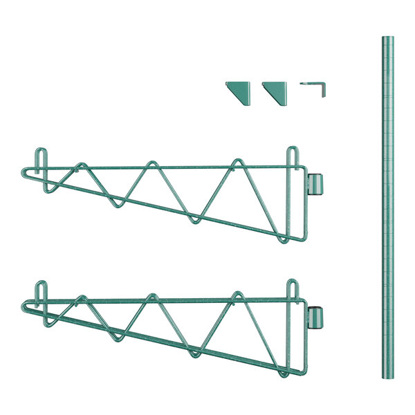 A pair of green metal brackets with double triangles.