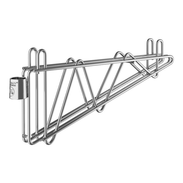 A Regency stainless steel wall mounted shelf bracket with two hooks.