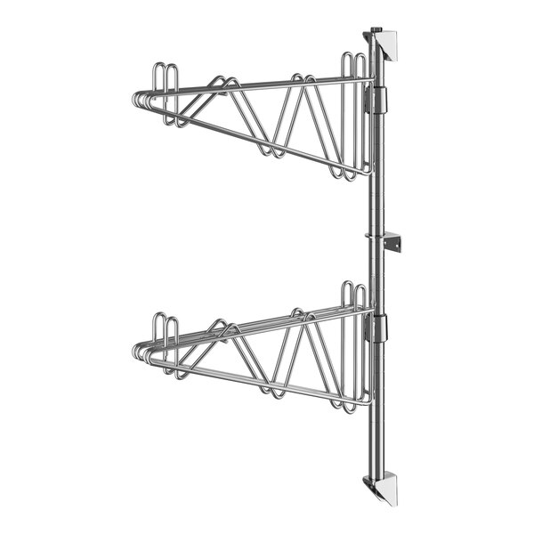 A pair of chrome metal brackets with hooks.
