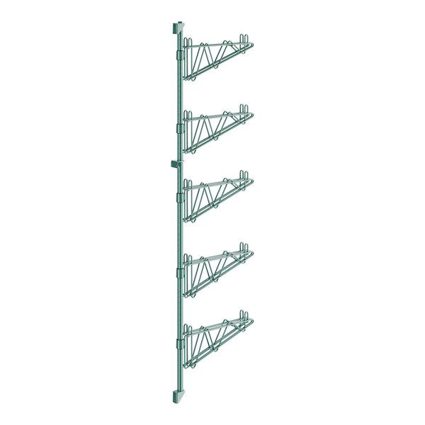 A green metal Regency wall-mount shelf post with double brackets and 5 levels.