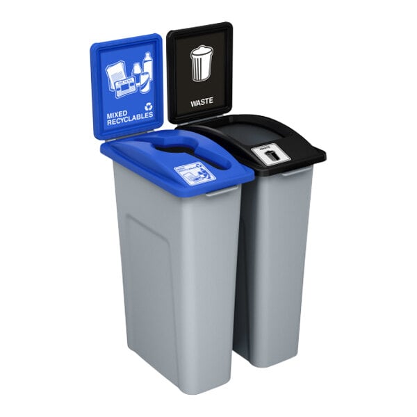 A group of Busch Systems Waste Watcher trash cans with blue and black lids.