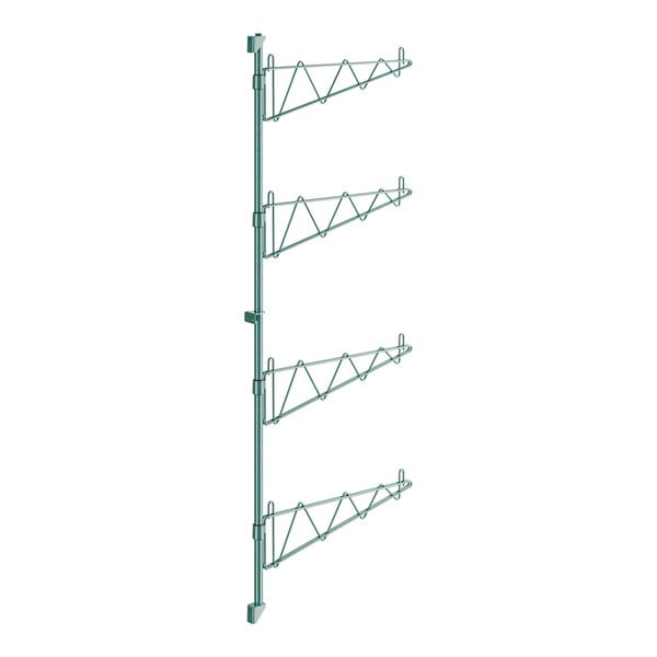 A green metal wall rack with a metal frame and four hooks.