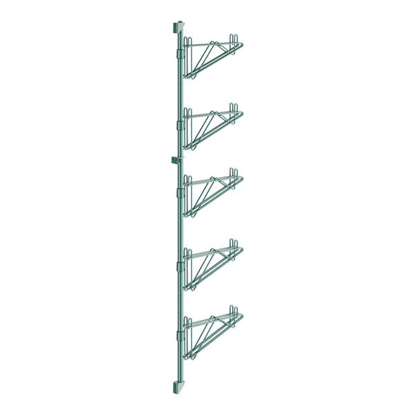 A green metal Regency wall-mount shelf post with double brackets for wire shelves.