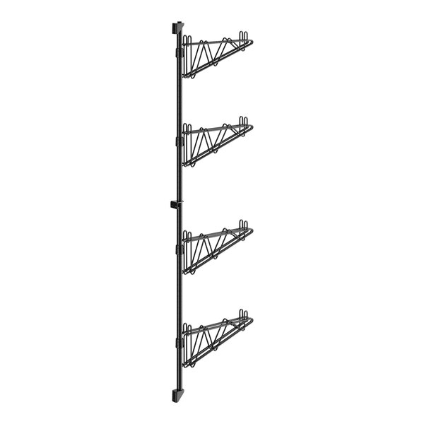 A black metal Regency wall-mount shelf post with four metal rods.