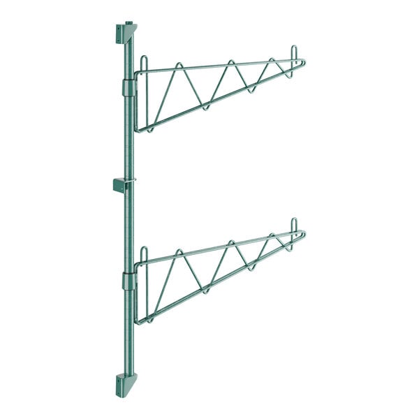 A pair of green Regency wall-mount shelf posts with single brackets.