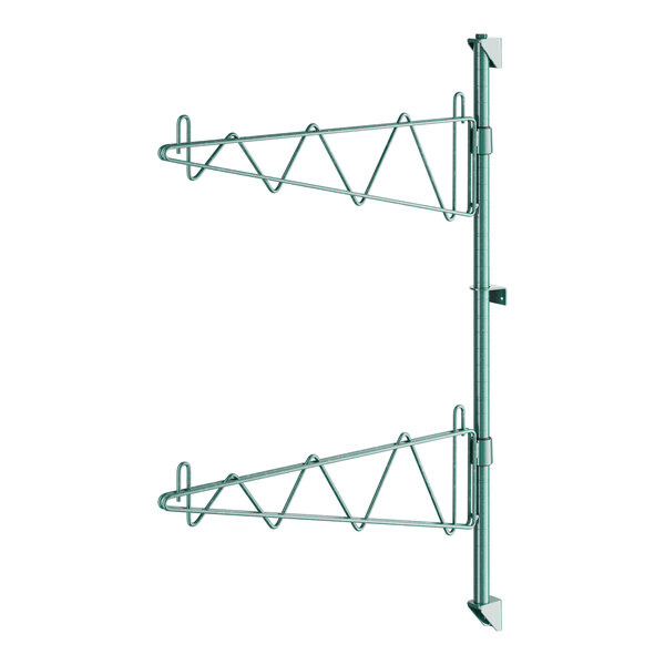 A green metal Regency shelf post with single brackets on hooks.