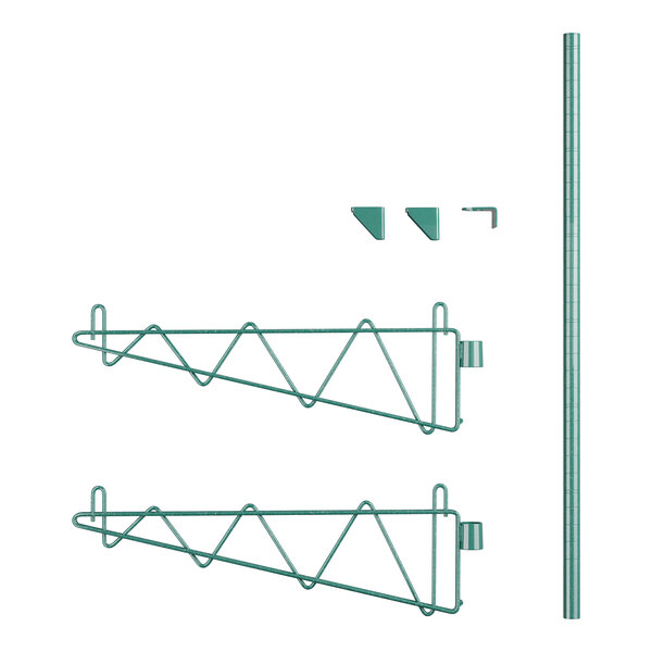 A green metal Regency wall-mount shelf post with single brackets for shelves.