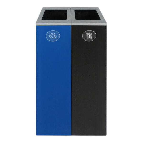 A blue and black Busch Systems Spectrum two stream recycle bin.