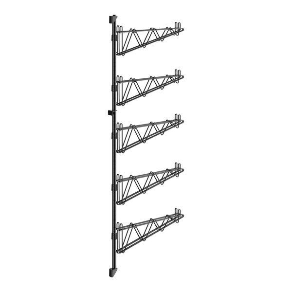 A black metal Regency wall-mount shelf post with black double brackets and four shelves on it.