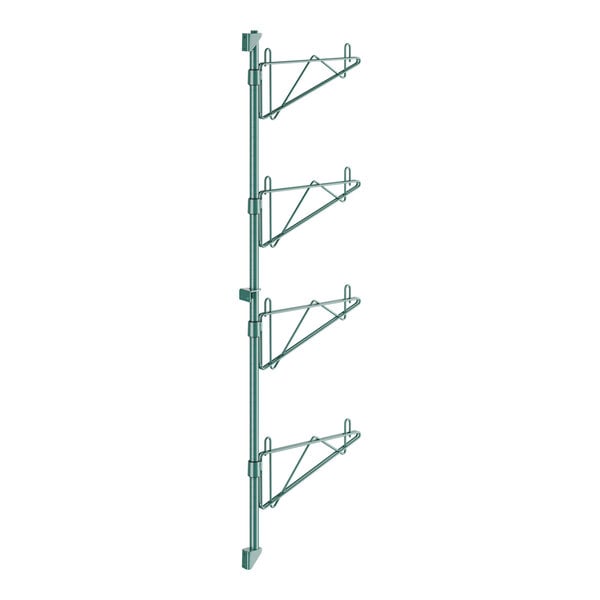 A green metal wall-mount shelf post with single brackets.