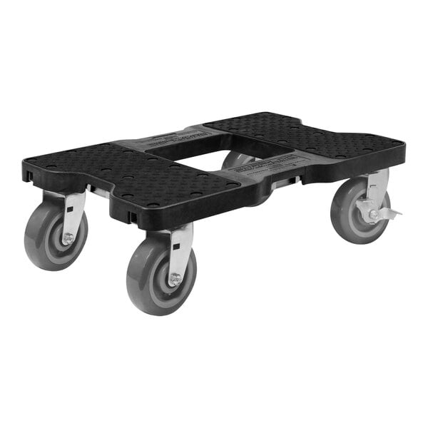 A black plastic Snap-Loc dolly with grey wheels.