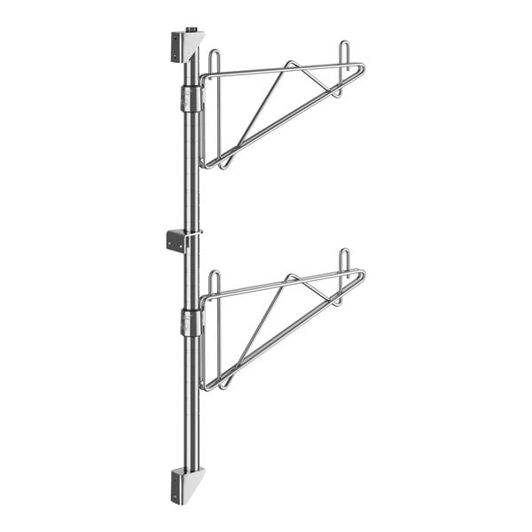 A pair of chrome Regency wall-mount shelf brackets with two hooks.