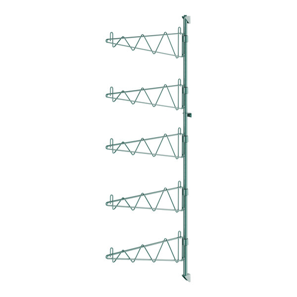 A green metal rack with single brackets for wire shelves.