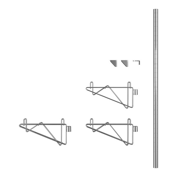 A Regency stainless steel wall-mount shelf post with double brackets and hooks.