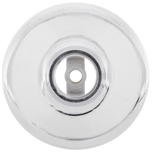 A chrome cup with a hole in the center.