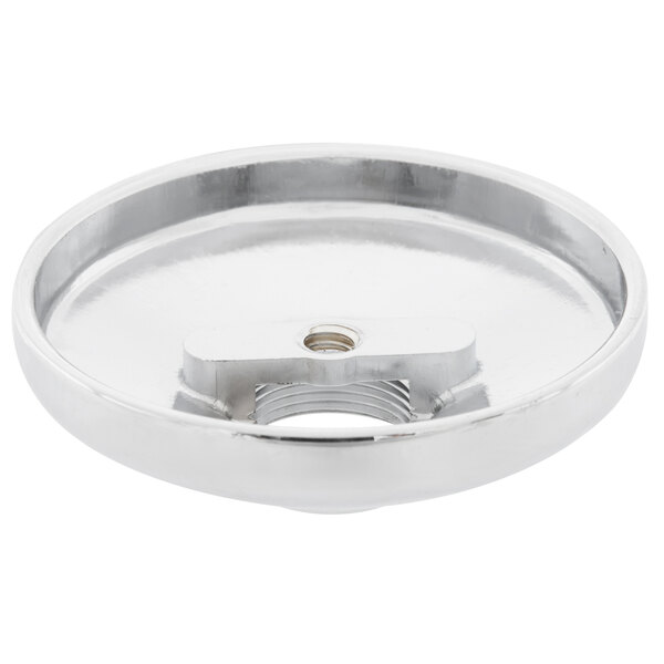 A silver round T&S spray valve cup with a nut.
