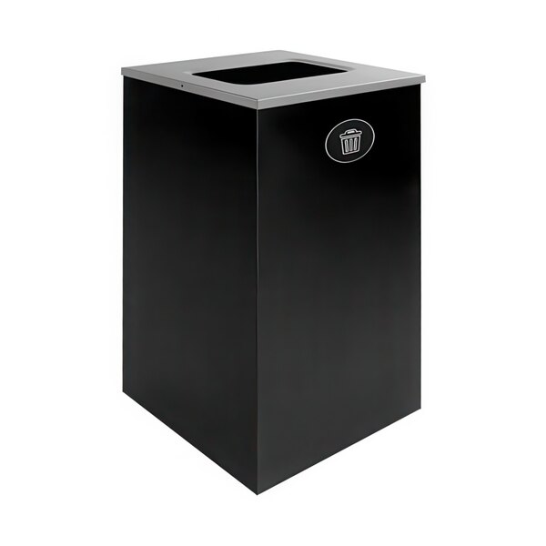 A black rectangular Busch Systems decorative waste receptacle with a silver lid.