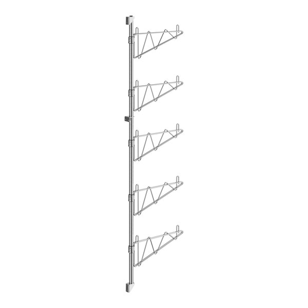 A Regency stainless steel wall-mount shelf post with single brackets and multiple metal rods.
