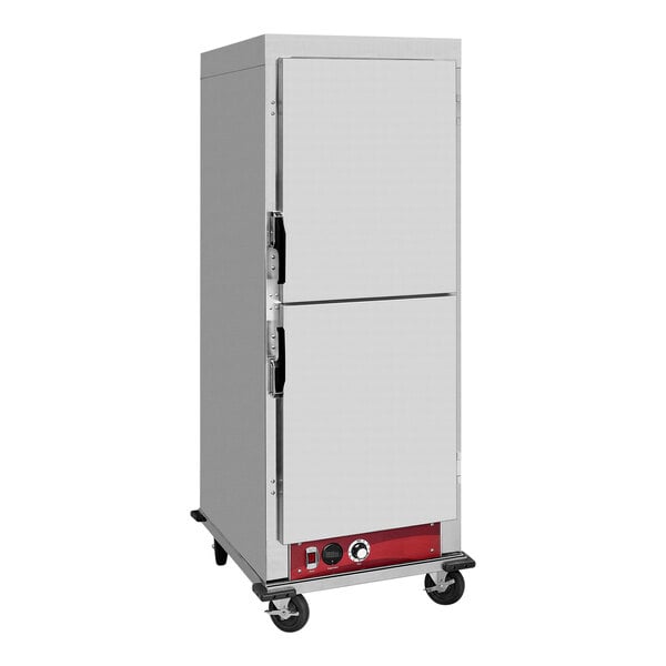 An Avantco stainless steel holding cabinet with wheels.