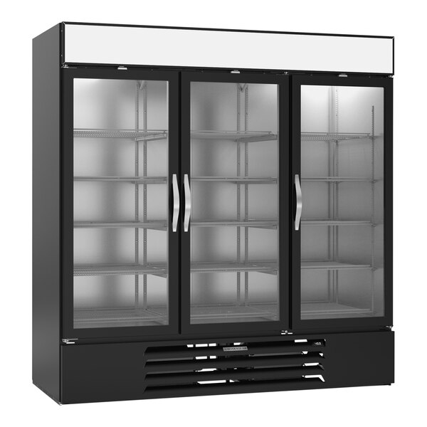 A black Beverage-Air glass door merchandising freezer.